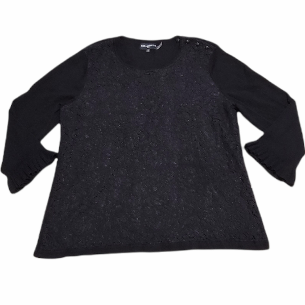 Karl Lagerfeld Black Floral Lace Front Sweater L